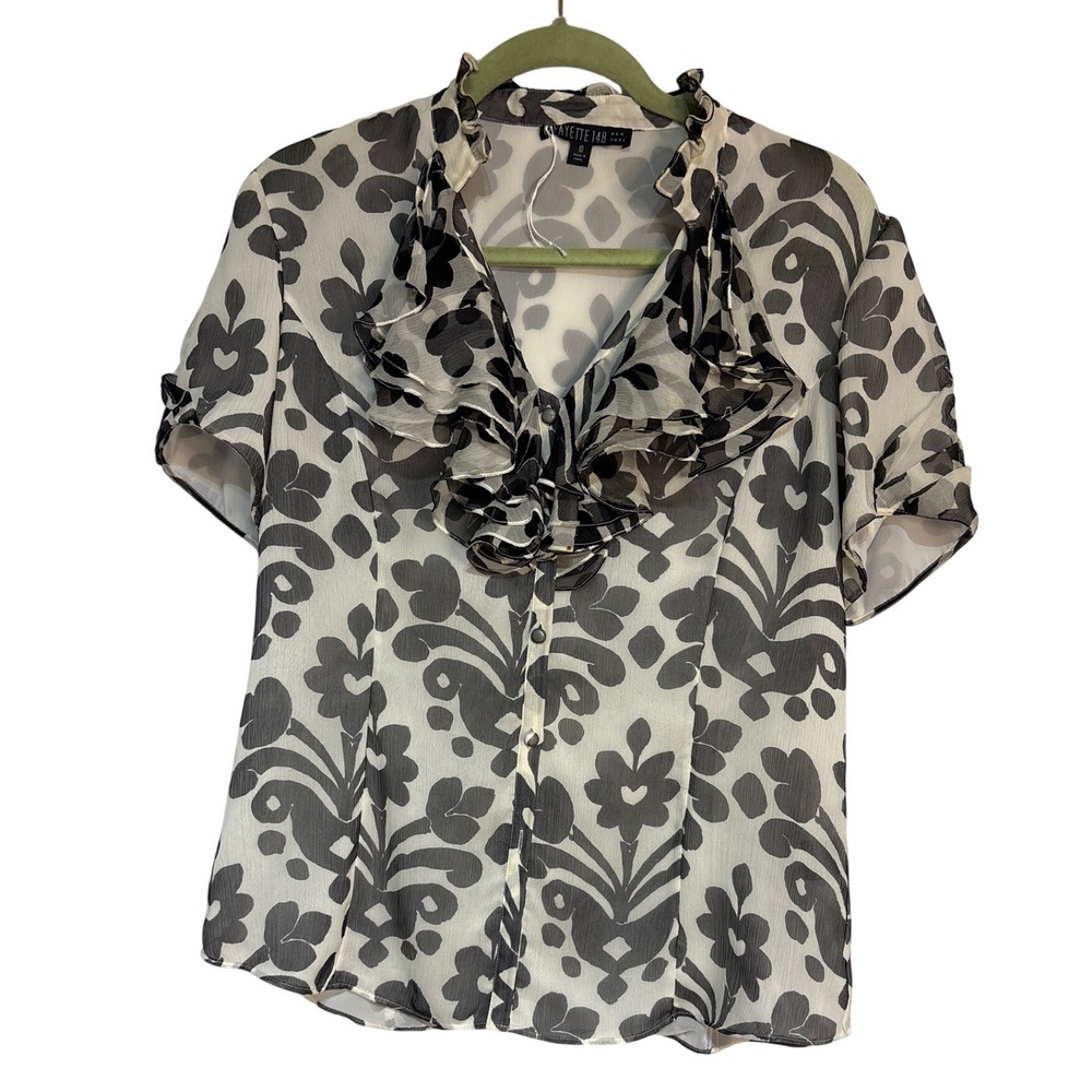 Lafayette‎ 148 New York Womens 10 Silk Ruffle Neck Blouse Black White Damask Top